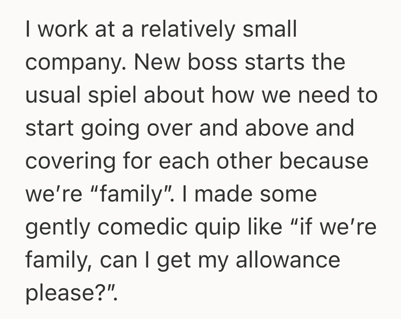 I work at a relatively small company. New boss starts the usual spiel about how we need to start going over and above and covering for each other because we're "family". I made some gently comedic quip like "if we're family, can I get my allowance please?".