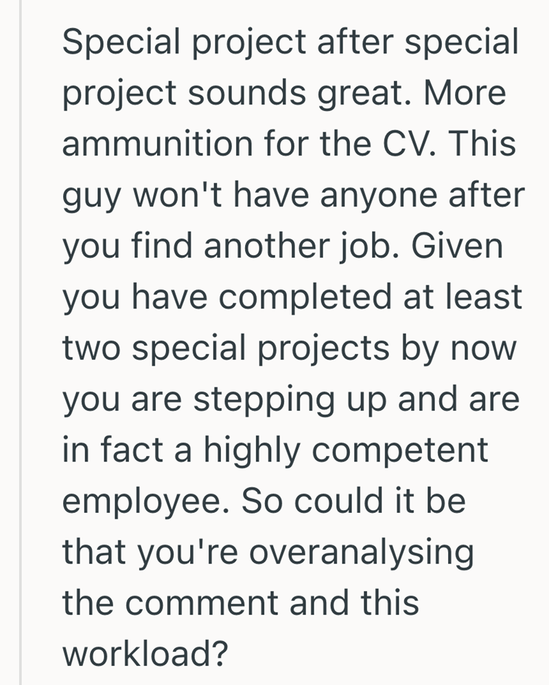 Special project after special project sounds great. More ammunition for the CV. This guy won't have anyone after you find another job. Given you have completed at least two special projects by now you are stepping up and are in fact a highly competent employee. So could it be that you're overanalysing the comment and this workload?