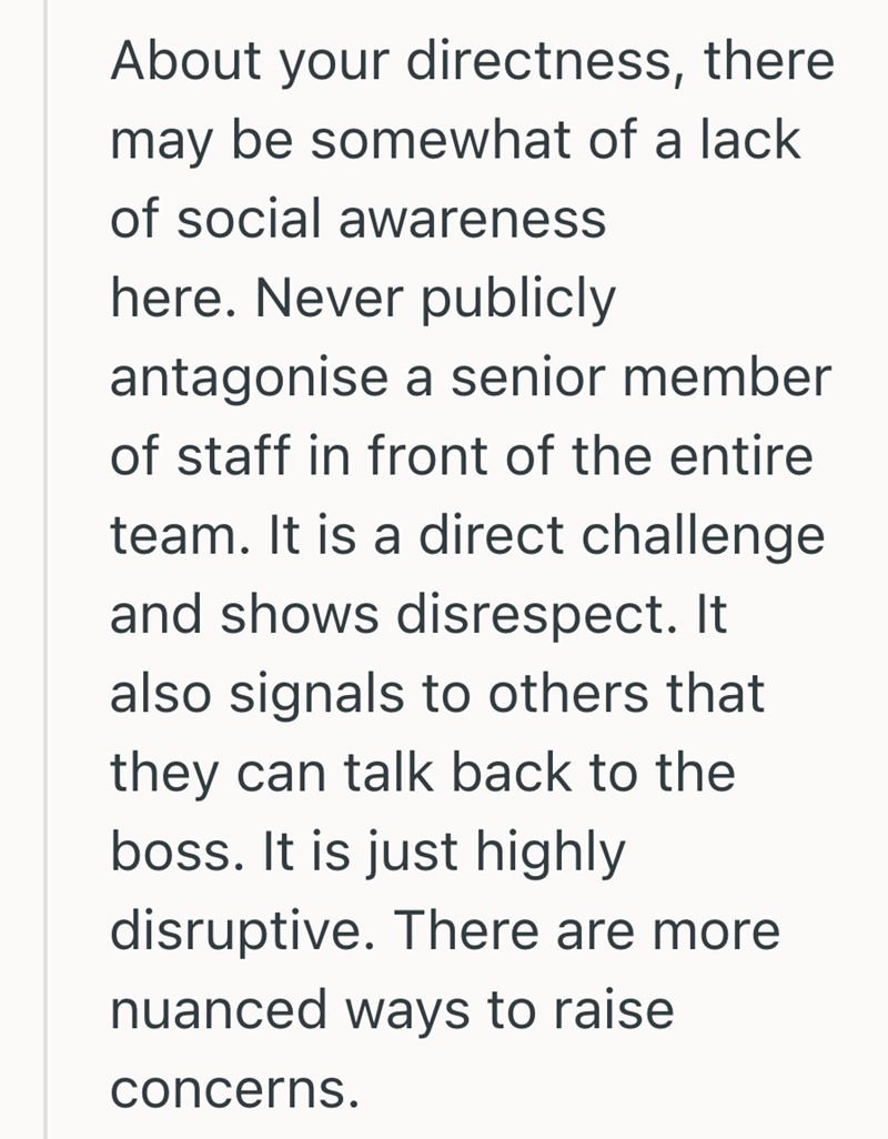 About your directness, there may be somewhat of a lack of social awareness here. Never publicly antagonise a senior member of staff in front of the entire team. It is a direct challenge and shows disrespect. It also signals to others that they can talk back to the boss. It is just highly disruptive. There are more nuanced ways to raise concerns.