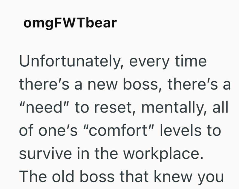 omgFWTbear Unfortunately, every time there's a new boss, there's a "need" to reset, mentally, all of one's "comfort" levels to survive in the workplace. The old boss that knew you