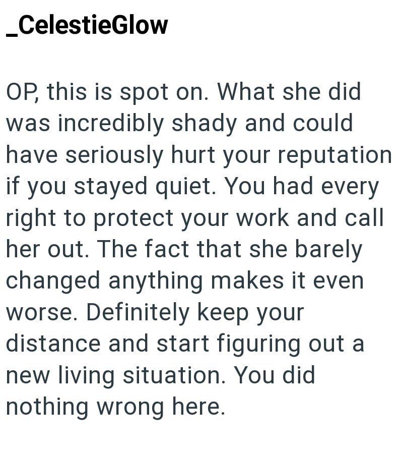 _CelestieGlow OP, this is spot on. What she did was incredibly shady and could have seriously hurt your reputation if you stayed quiet. You had every right to protect your work and call her out. The fact that she barely changed anything makes it even worse. Definitely keep your distance and start figuring out a new living situation. You did nothing wrong here.