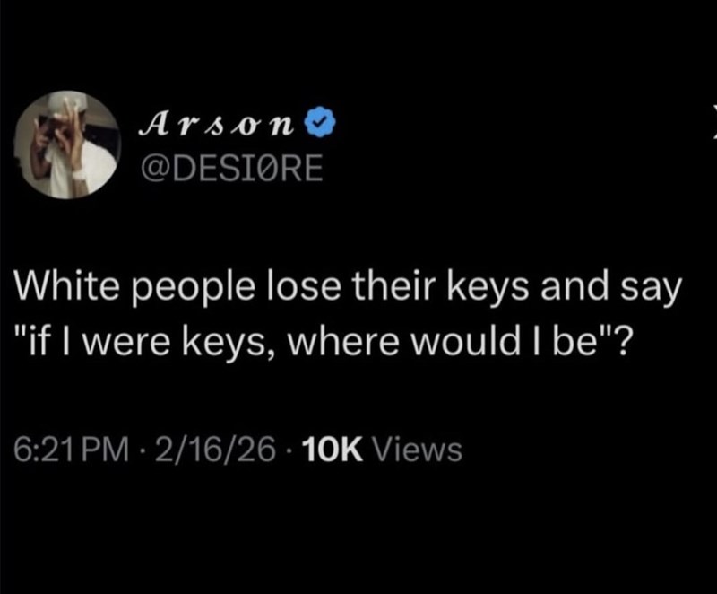 Arson @DESIØRE White people lose their keys and say "if I were keys, where would I be"? 6:21 PM 2/16/26 10K Views