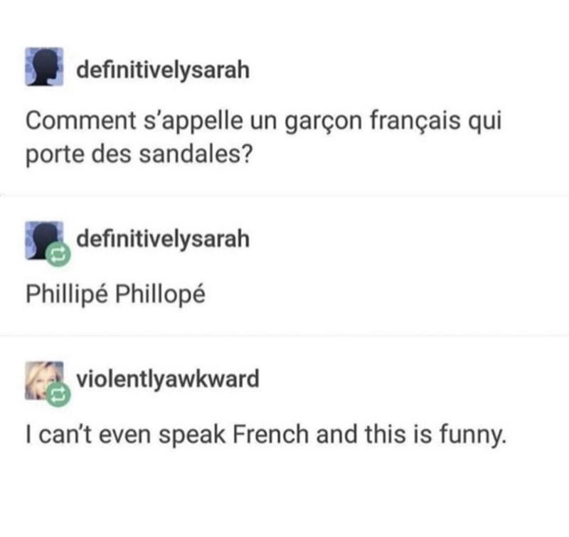 definitivelysarah Comment s'appelle un garçon français qui porte des sandales? definitivelysarah Phillipé Phillopé violentlyawkward I can't even speak French and this is funny.