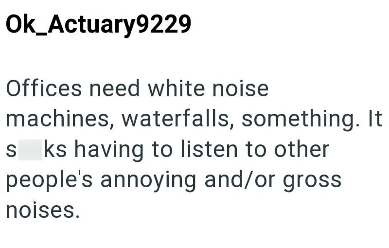 Ok_Actuary9229 Offices need white noise machines, waterfalls, something. It S ks having to listen to other. people's annoying and/or gross noises.
