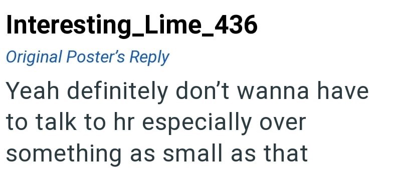 Interesting Lime_436 Original Poster's Reply Yeah definitely don't wanna have to talk to hr especially over something as small as that