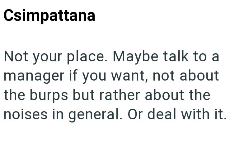 Csimpattana Not your place. Maybe talk to a manager if you want, not about the burps but rather about the noises in general. Or deal with it.