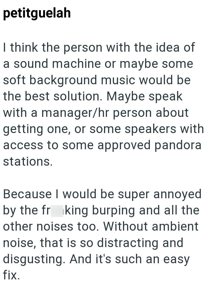 petitguelah I think the person with the idea of a sound machine or maybe some soft background music would be the best solution. Maybe speak with a manager/hr person about getting one, or some speakers with access to some approved pandora stations. Because I would be super annoyed by the fr king burping and all the other noises too. Without ambient noise, that is so distracting and disgusting. And it's such an easy fix.