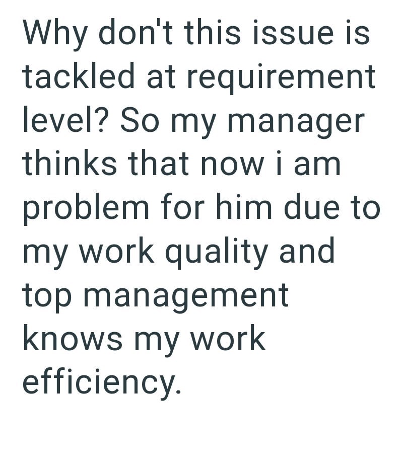 Why don't this issue is tackled at requirement level? So my manager thinks that now i am problem for him due to my work quality and top management knows my work efficiency.