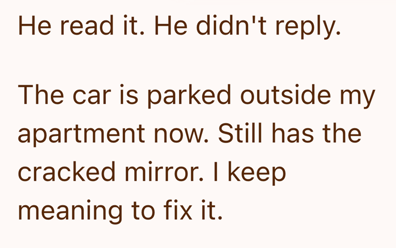 He read it. He didn't reply. The car is parked outside my apartment now. Still has the cracked mirror. I keep meaning to fix it.