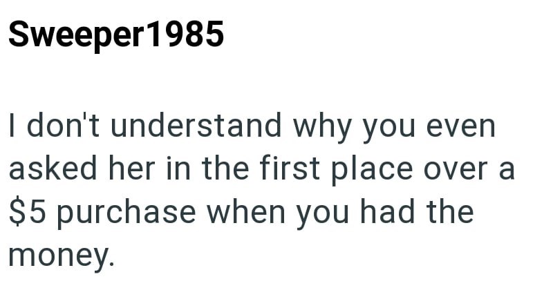 Sweeper 1985 I don't understand why you even asked her in the first place over a $5 purchase when you had the money.