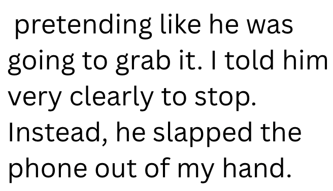 pretending like he was going to grab it. I told him. very clearly to stop. Instead, he slapped the phone out of my hand.