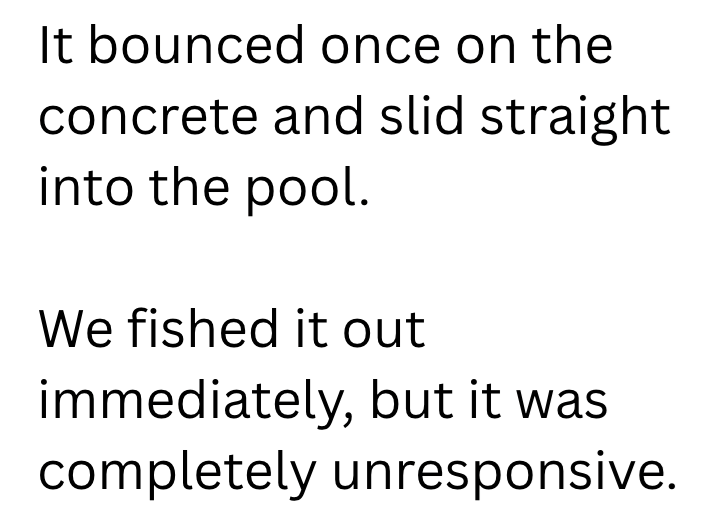 It bounced once on the concrete and slid straight into the pool. We fished it out immediately, but it was completely unresponsive.