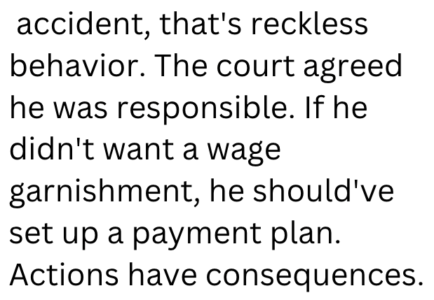 accident, that's reckless behavior. The court agreed he was responsible. If he didn't want a wage garnishment, he should've set up a payment plan. Actions have consequences.