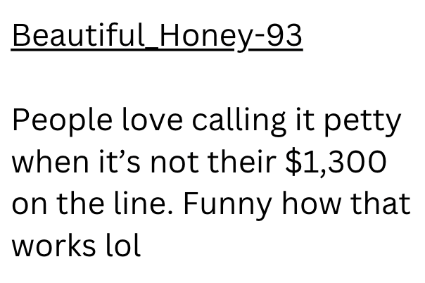 Beautiful_Honey-93 People love calling it petty when it's not their $1,300 on the line. Funny how that works lol