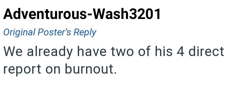 Adventurous-Wash3201 Original Poster's Reply We already have two of his 4 direct report on burnout.