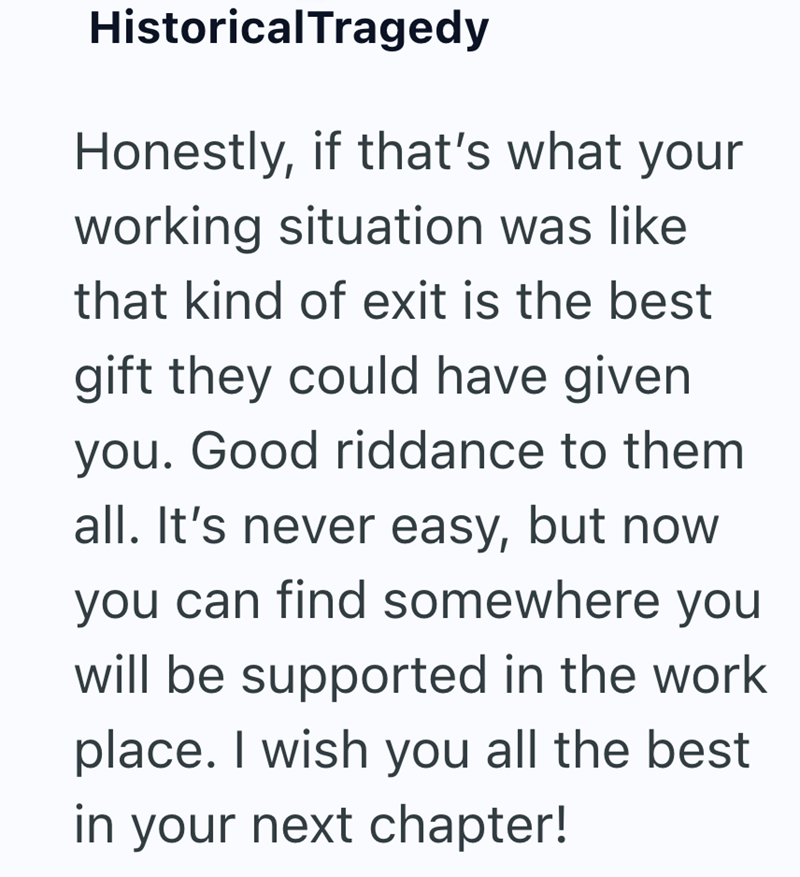 Historical Tragedy Honestly, if that's what your working situation was like that kind of exit is the best gift they could have given you. Good riddance to them all. It's never easy, but now you can find somewhere you will be supported in the work place. I wish you all the best in your next chapter!