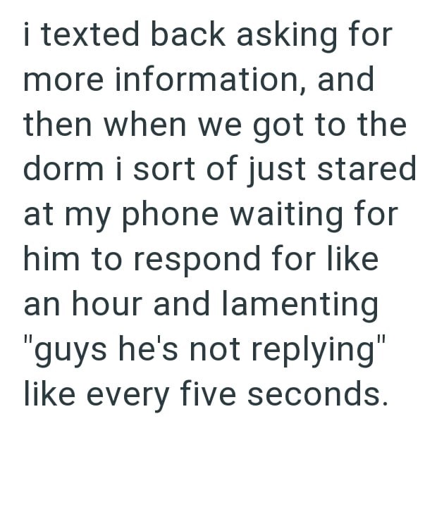 i texted back asking for more information, and then when we got to the dorm i sort of just stared at my phone waiting for him to respond for like an hour and lamenting "guys he's not replying" like every five seconds.