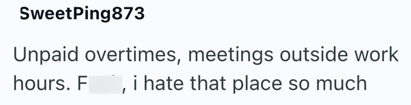 SweetPing873 Unpaid overtimes, meetings outside work hours. F, i hate that place so much