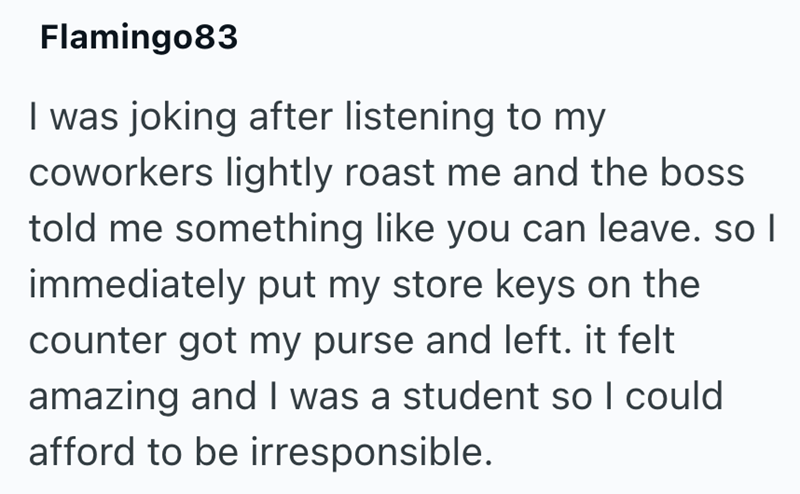 Flamingo83 I was joking after listening to my coworkers lightly roast me and the boss told me something like you can leave. so I immediately put my store keys on the counter got my purse and left. it felt amazing and I was a student so I could afford to be irresponsible.