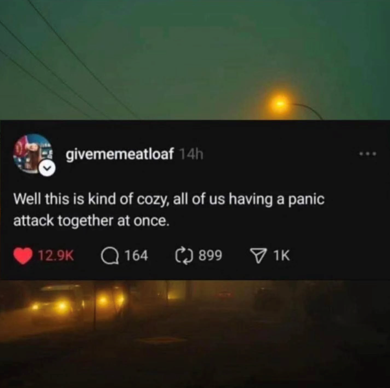 givememeatloaf 14h Well this is kind of cozy, all of us having a panic attack together at once. 12.9K Q164 () 899 1K