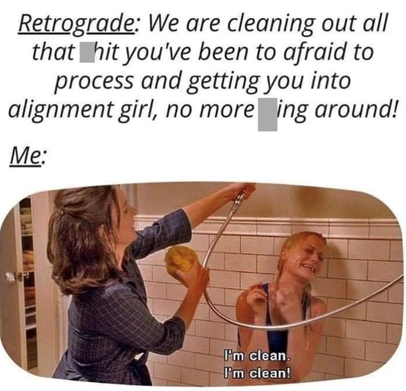 Retrograde: We are cleaning out all that hit you've been to afraid to process and getting you into alignment girl, no more ing around! Me: I'm clean. I'm clean!