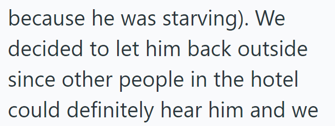 because he was starving). We decided to let him back outside since other people in the hotel could definitely hear him and we
