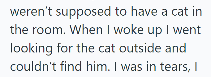 weren't supposed to have a cat in the room. When I woke up I went looking for the cat outside and couldn't find him. I was in tears, I