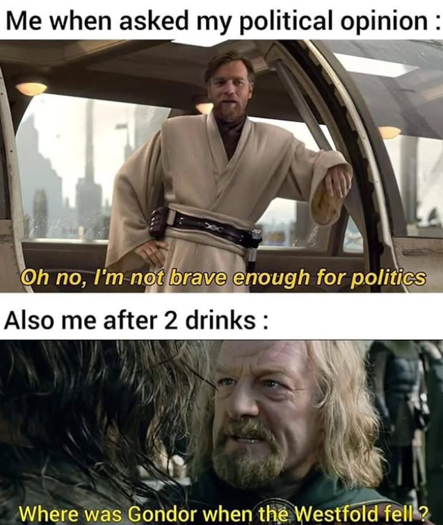 Me when asked my political opinion: Oh no, I'm not brave enough for politics Also me after 2 drinks : Where was Gondor when the Westfold fell?