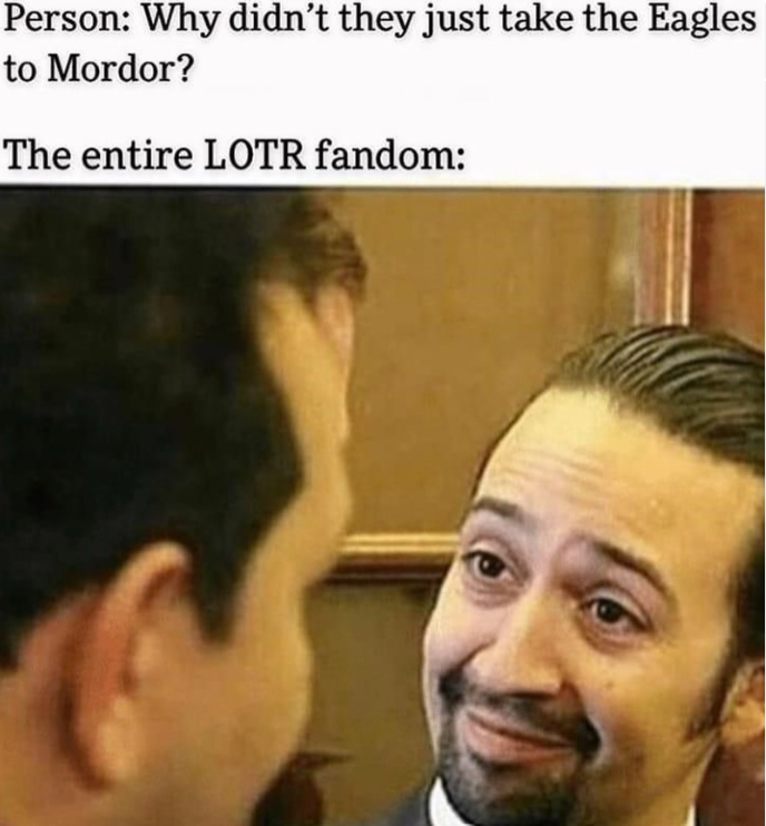 Person: Why didn't they just take the Eagles to Mordor? The entire LOTR fandom: