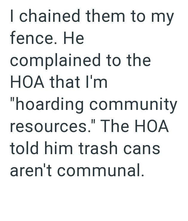 I chained them to my fence. He complained to the HOA that I'm "hoarding community resources." The HOA told him trash cans aren't communal.