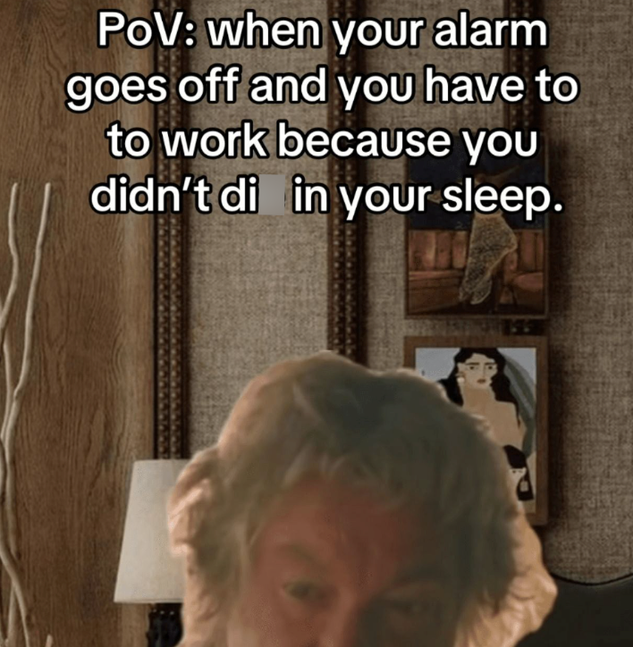 POV: when your alarm goes off and you have to to work because you didn't di in your sleep. 113