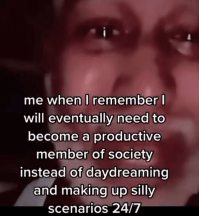 me when I remember I will eventually need to become a productive member of society instead of daydreaming and making up silly scenarios 24/7