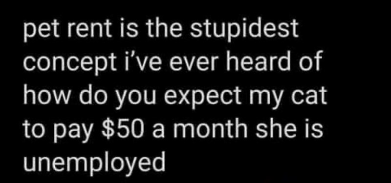 pet rent is the stupidest concept i've ever heard of how do you expect my cat to pay $50 a month she is unemployed