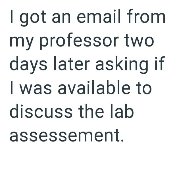 I got an email from my professor two days later asking if I was available to discuss the lab assessement.