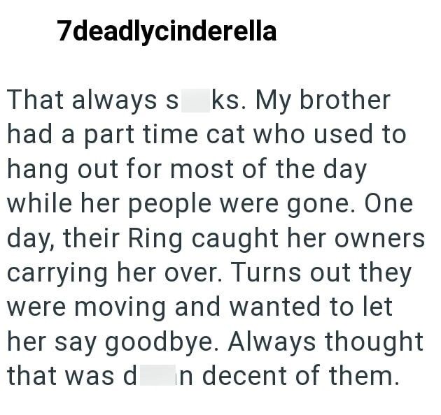 7deadlycinderella That always sks. My brother had a part time cat who used to hang out for most of the day while her people were gone. One day, their Ring caught her owners carrying her over. Turns out they were moving and wanted to let her say goodbye. Always thought that was d In decent of them.