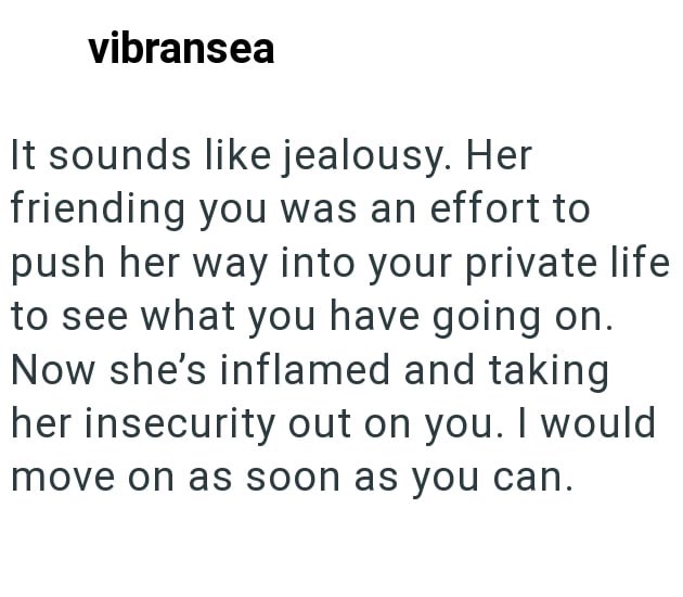 vibransea It sounds like jealousy. Her friending you was an effort to push her way into your private life to see what you have going on. Now she's inflamed and taking her insecurity out on you. I would move on as soon as you can.