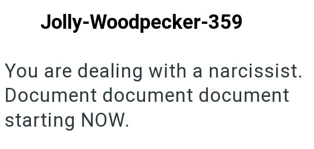 Jolly-Woodpecker-359 You are dealing with a narcissist. Document document document starting NOW.