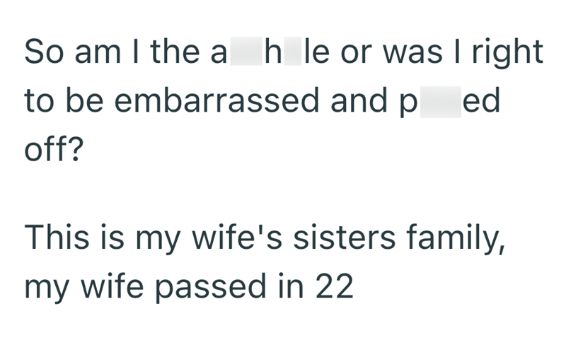So am I the a h le or was I right to be embarrassed and ped off? This is my wife's sisters family, my wife passed in 22
