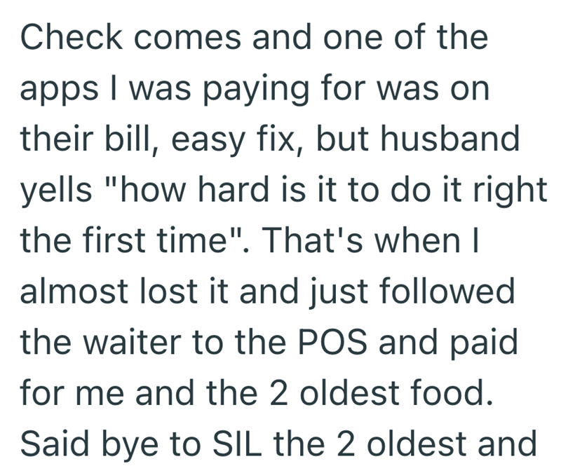 Check comes and one of the apps I was paying for was on their bill, easy fix, but husband yells "how hard is it to do it right the first time". That's when I almost lost it and just followed the waiter to the POS and paid for me and the 2 oldest food. Said bye to SIL the 2 oldest and