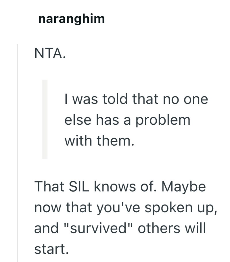 naranghim NTA. I was told that no one else has a problem with them. That SIL knows of. Maybe now that you've spoken up, and "survived" others will start.