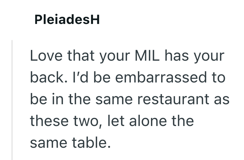 PleiadesH Love that your MIL has your back. I'd be embarrassed to be in the same restaurant as these two, let alone the same table.