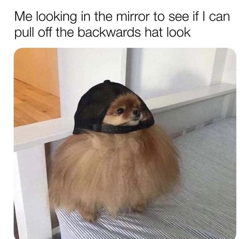 Me looking in the mirror to see if I can pull off the backwards hat look