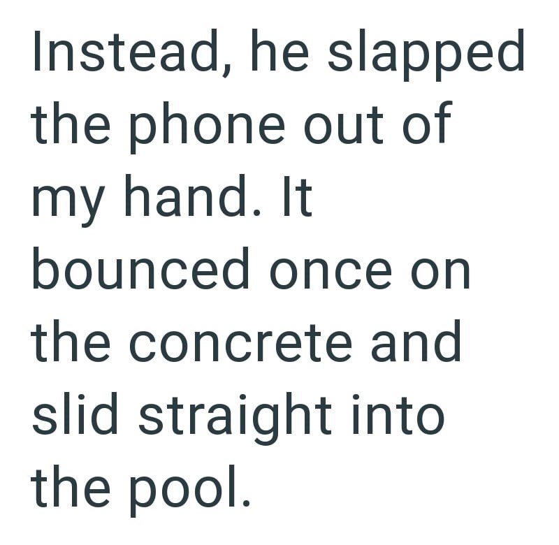 Instead, he slapped the phone out of my hand. It bounced once on the concrete and slid straight into the pool.