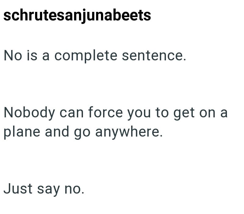 schrutesanjunabeets No is a complete sentence. Nobody can force you to get on a plane and go anywhere. Just say no.