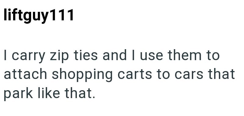 liftguy111 I carry zip ties and I use them to attach shopping carts to cars that park like that.