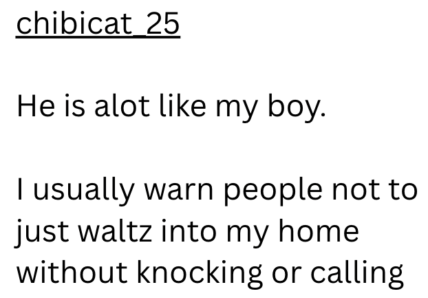chibicat 25 He is alot like my boy. I usually warn people not to just waltz into my home without knocking or calling