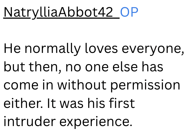 NatrylliaAbbot42_OP He normally loves everyone, but then, no one else has come in without permission either. It was his first intruder experience.