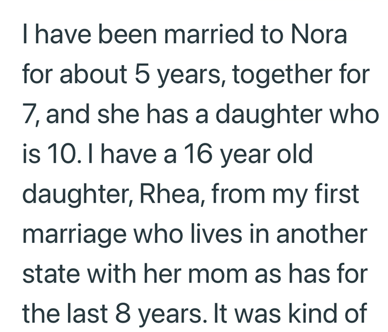 I have been married to Nora for about 5 years, together for 7, and she has a daughter who is 10. I have a 16 year old daughter, Rhea, from my first marriage who lives in another state with her mom as has for the last 8 years. It was kind of