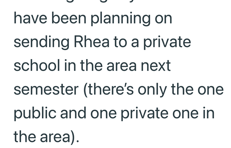 have been planning on sending Rhea to a private school in the area next semester (there's only the one public and one private one in the area).