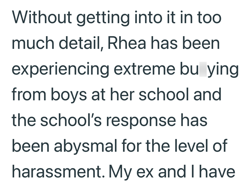 Without getting into it in too much detail, Rhea has been experiencing extreme bu ying from boys at her school and the school's response has been abysmal for the level of harassment. My ex and I have